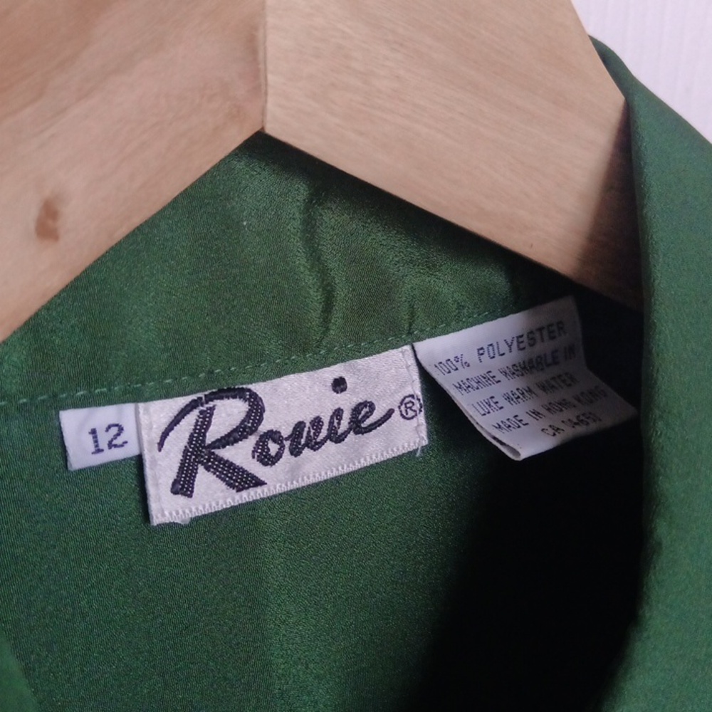Ptp21" Vintage Flowy Green Long Sleeve Ruched Button Blouse - Picture 7 of 15